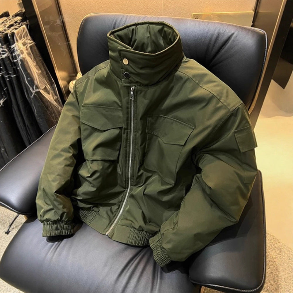 Casual Bomber Short Jacket Men Autumn Winter Stand Collar Oversized Workwear Cotton Coat Thick Outerwear