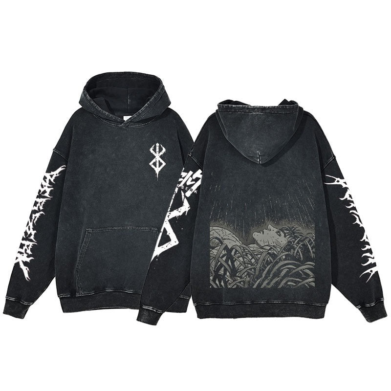 American retro washed hoodie for men and women, hip-hop sword style legendary dark print hoodie, vintage hoodie
