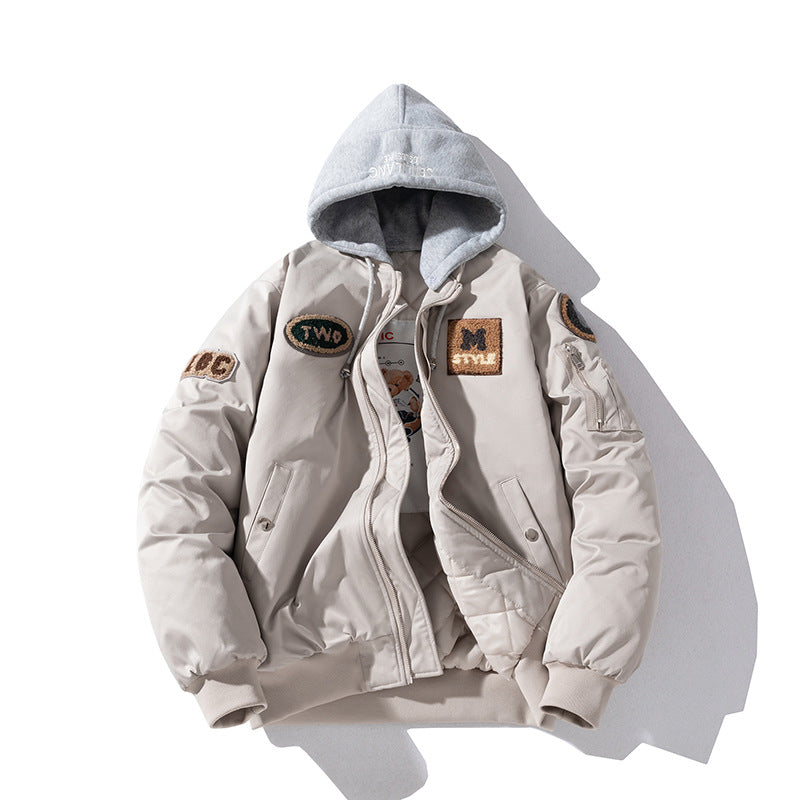 Street Trend Baseball Jacket Women Towel Fleece Embroidery Padded Hooded Thick Flight Jacket Men