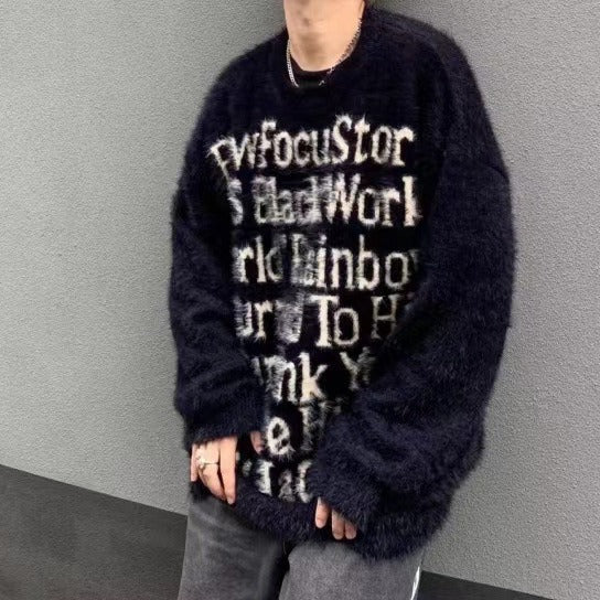 Letter Print Crew Neck Oversized Knit Sweater for Men and Women