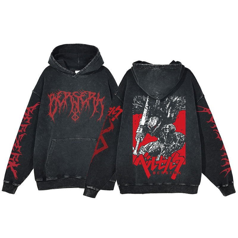 American retro washed hoodie for men and women, hip-hop sword style legendary dark print hoodie, vintage hoodie