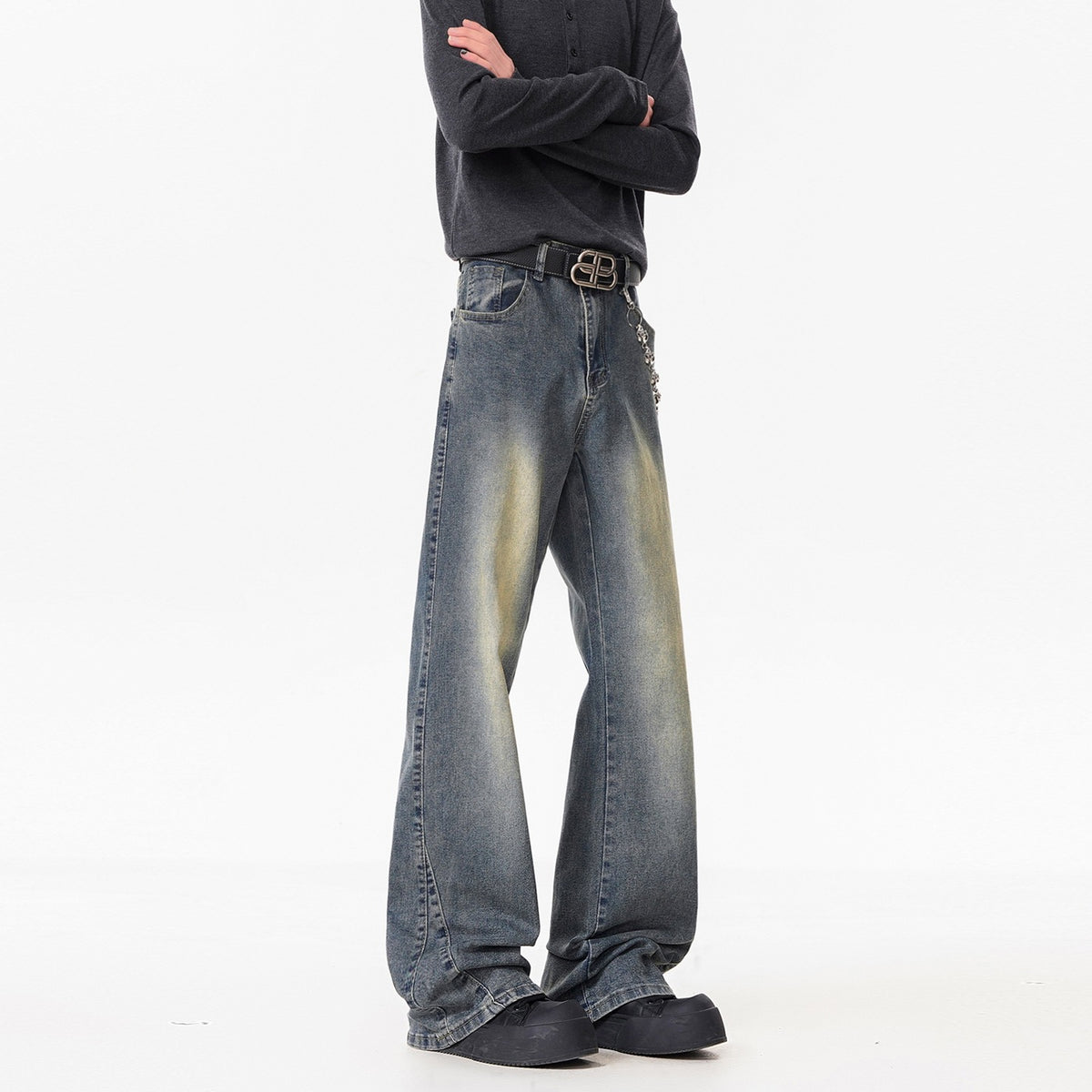 Texture Washed Knife-Edge Denim Pants Men