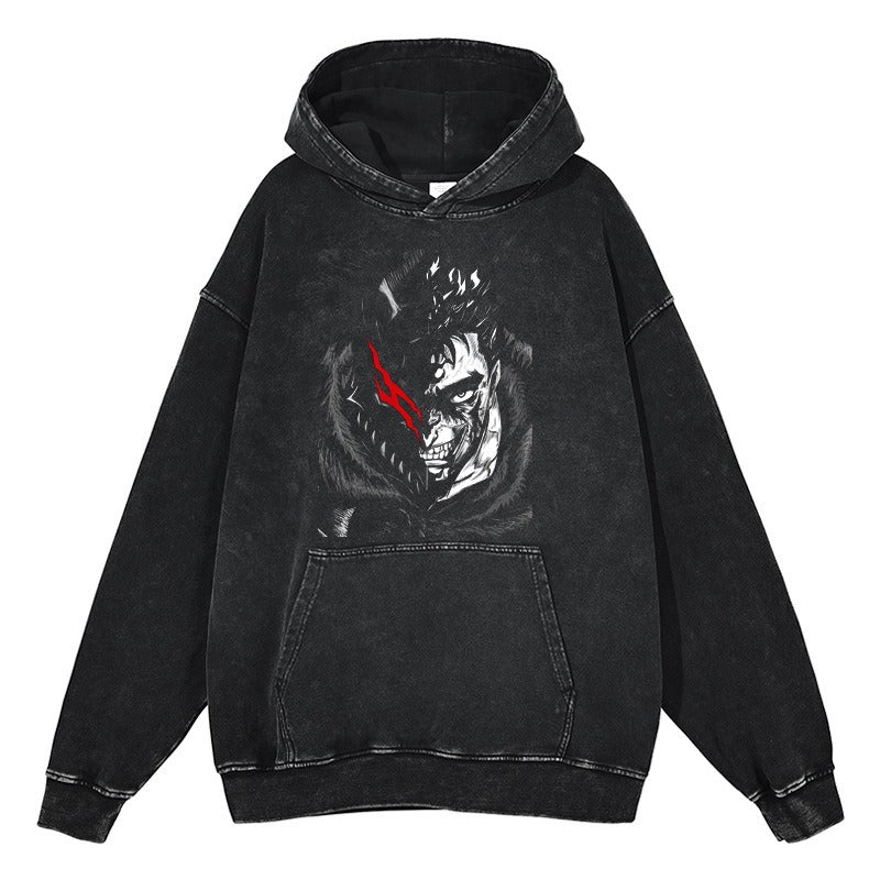 American retro washed hoodie for men and women, hip-hop sword style legendary dark print hoodie, vintage hoodie