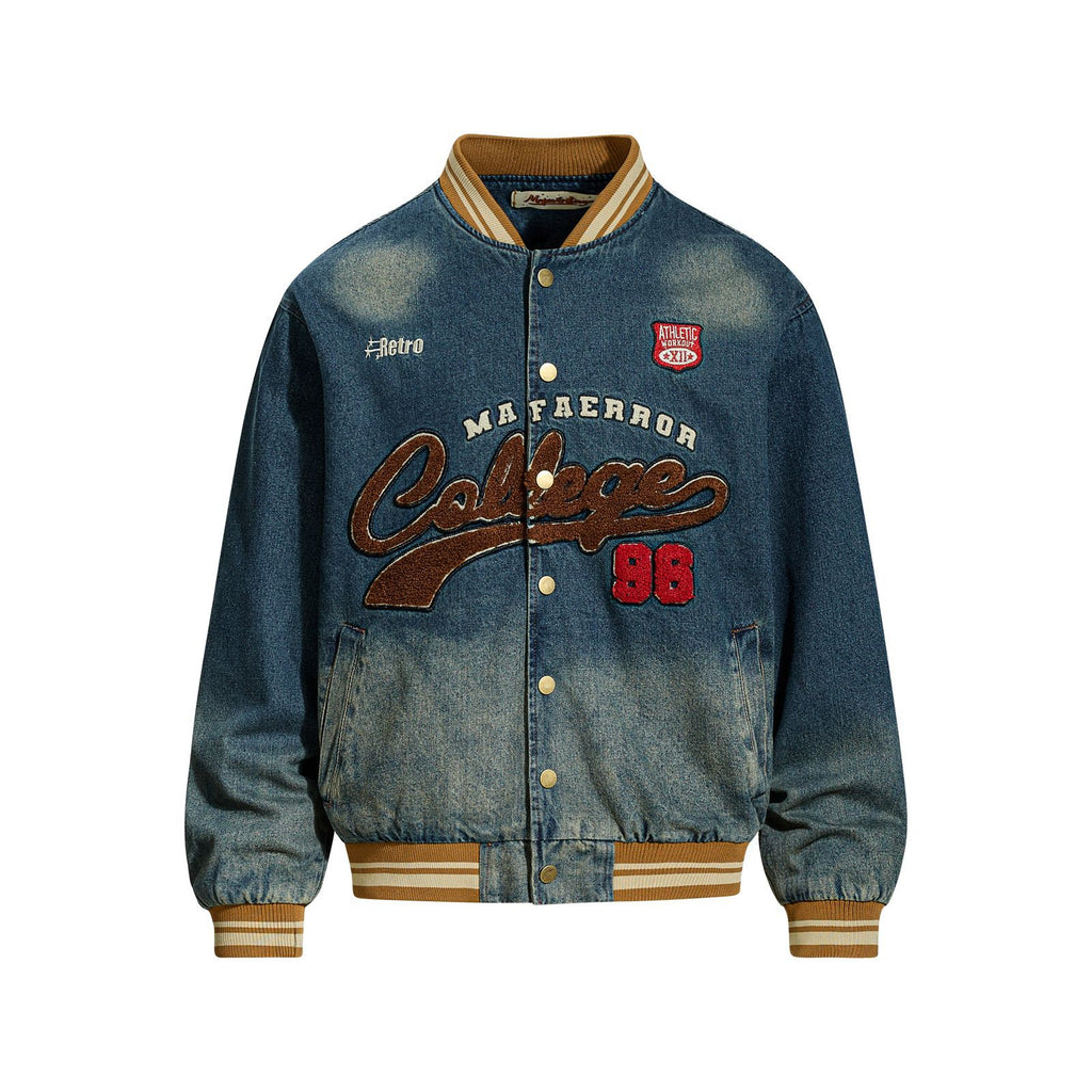 Vintage Washed Letter Embroidery Baseball Jacket for Men and Women, Loose Casual Trendy Couple Denim Jacket