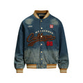 Vintage Washed Letter Embroidery Baseball Jacket for Men and Women, Loose Casual Trendy Couple Denim Jacket