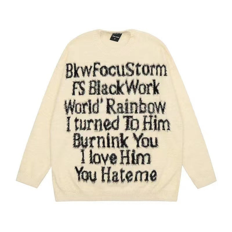 Letter Print Crew Neck Oversized Knit Sweater for Men and Women