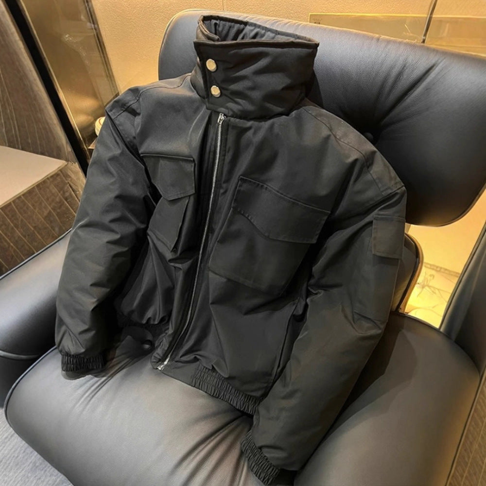 Casual Bomber Short Jacket Men Autumn Winter Stand Collar Oversized Workwear Cotton Coat Thick Outerwear