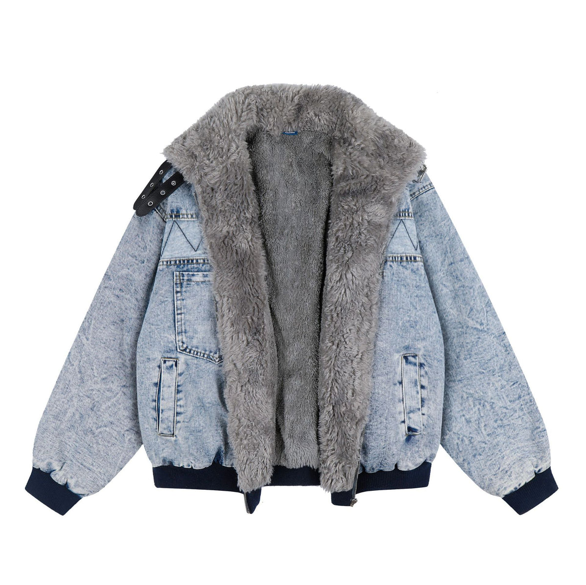 Workwear Denim Sherpa Lined Leather Buckle Large Fur Collar Loose Fit Padded Jacket