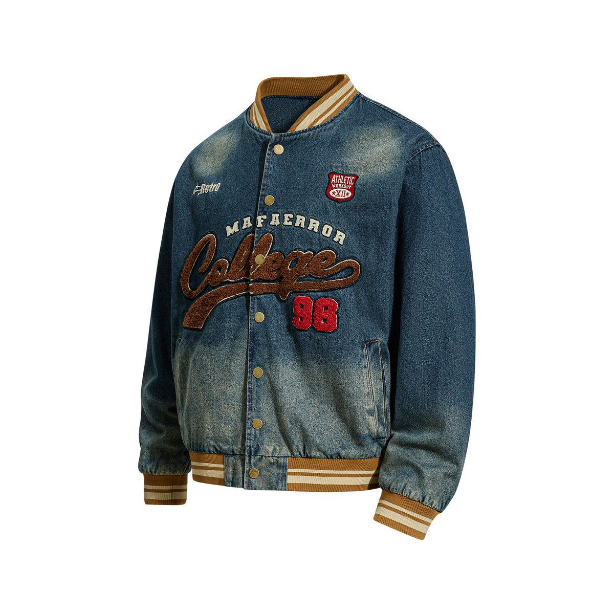 Vintage Washed Letter Embroidery Baseball Jacket for Men and Women, Loose Casual Trendy Couple Denim Jacket
