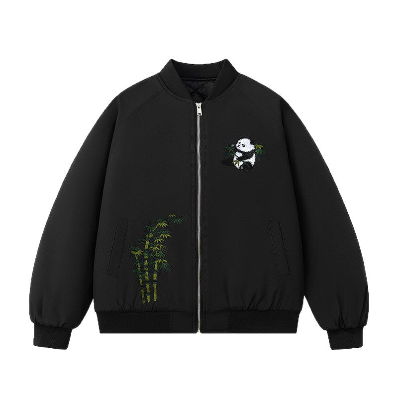 Style Panda Embroidery Baseball Jacket Men Pilot Jacket Versatile Couple Outerwear Women Black