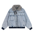 Workwear Denim Sherpa Lined Leather Buckle Large Fur Collar Loose Fit Padded Jacket