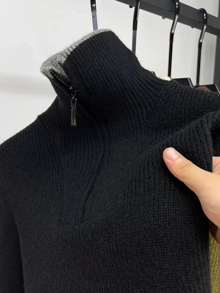 High end brand trend men half zip sweater 2023 autumn winter new casual fashion thickened solid color high neck knitted pullover