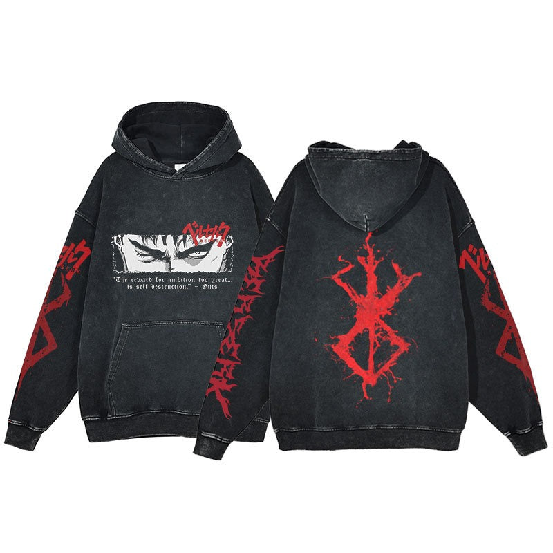 American retro washed hoodie for men and women, hip-hop sword style legendary dark print hoodie, vintage hoodie