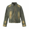 Distressed Embroidered Belted Short Denim Jacket for Men