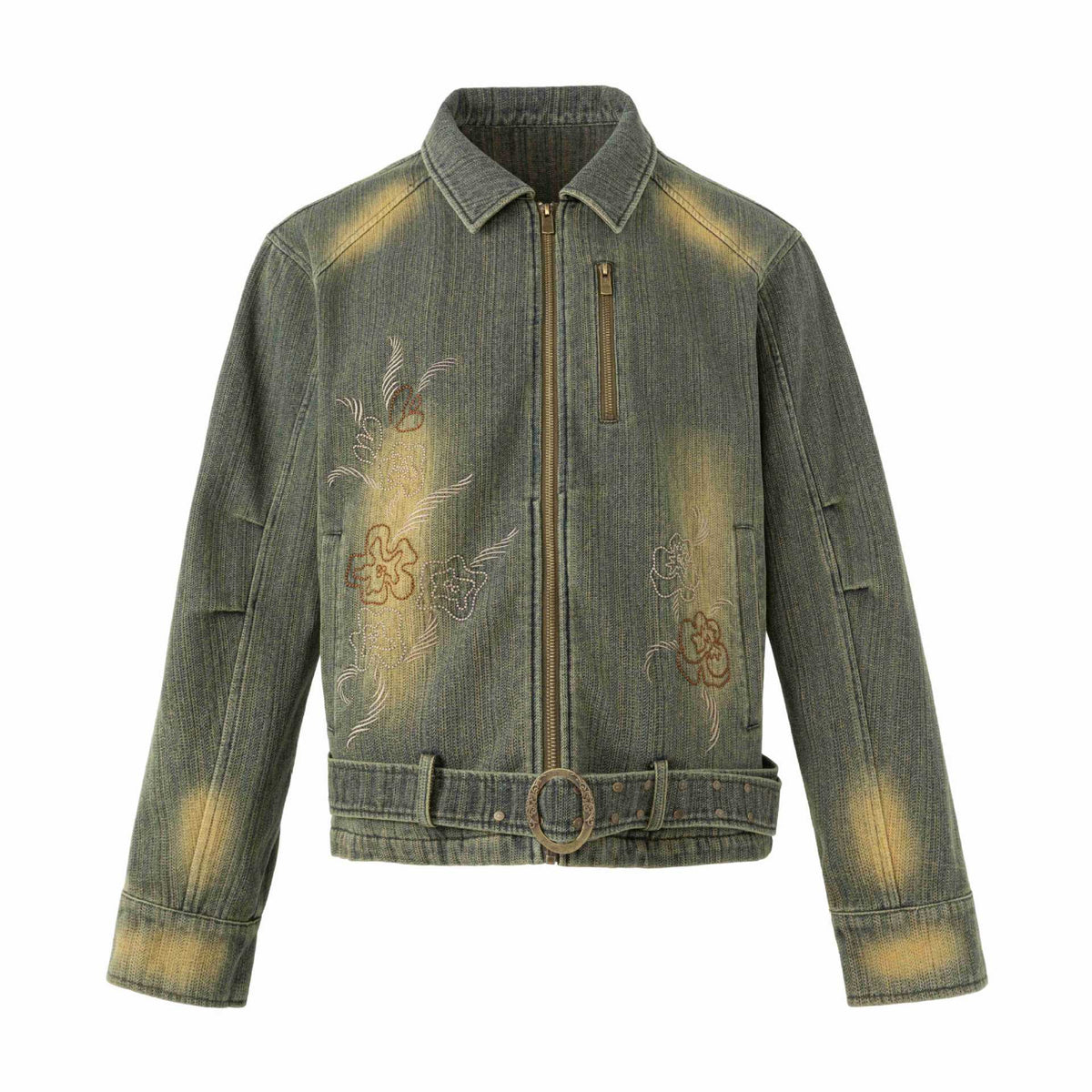 Distressed Embroidered Belted Short Denim Jacket for Men