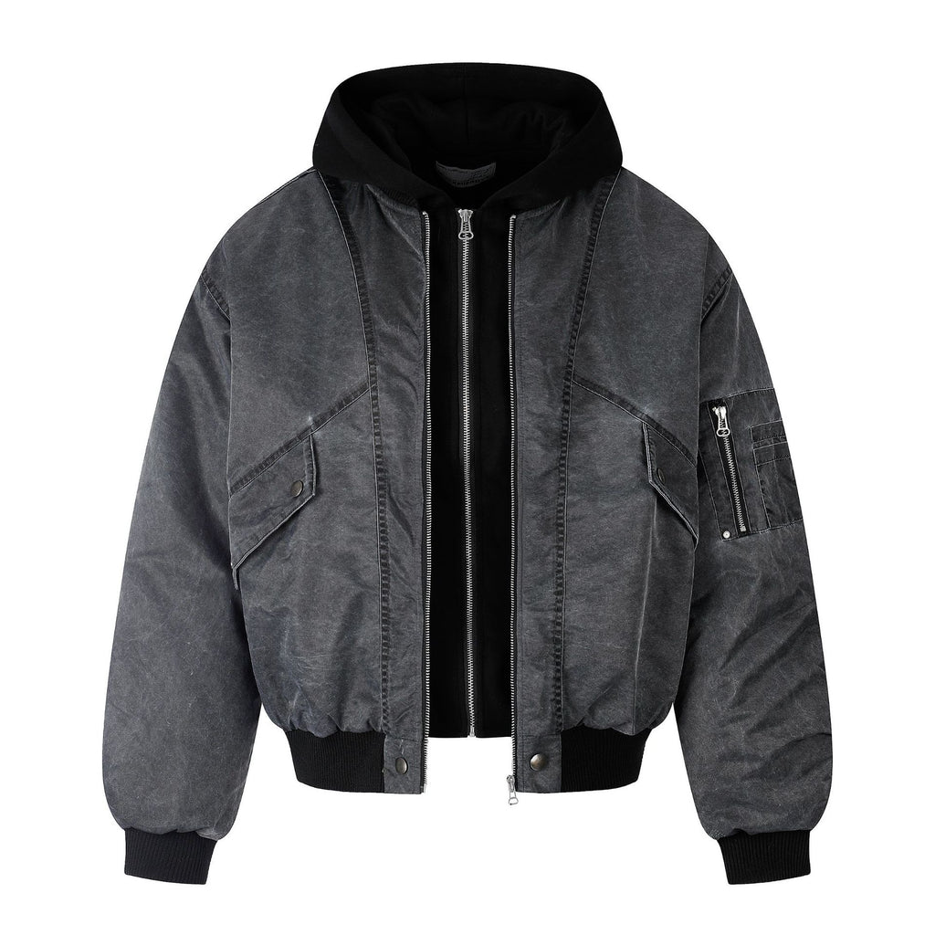 Washed Cargo Hooded Zip Flight Jacket Loose Fit Cotton Padded Multi Pocket Techwear Coat