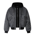 Washed Cargo Hooded Zip Flight Jacket Loose Fit Cotton Padded Multi Pocket Techwear Coat