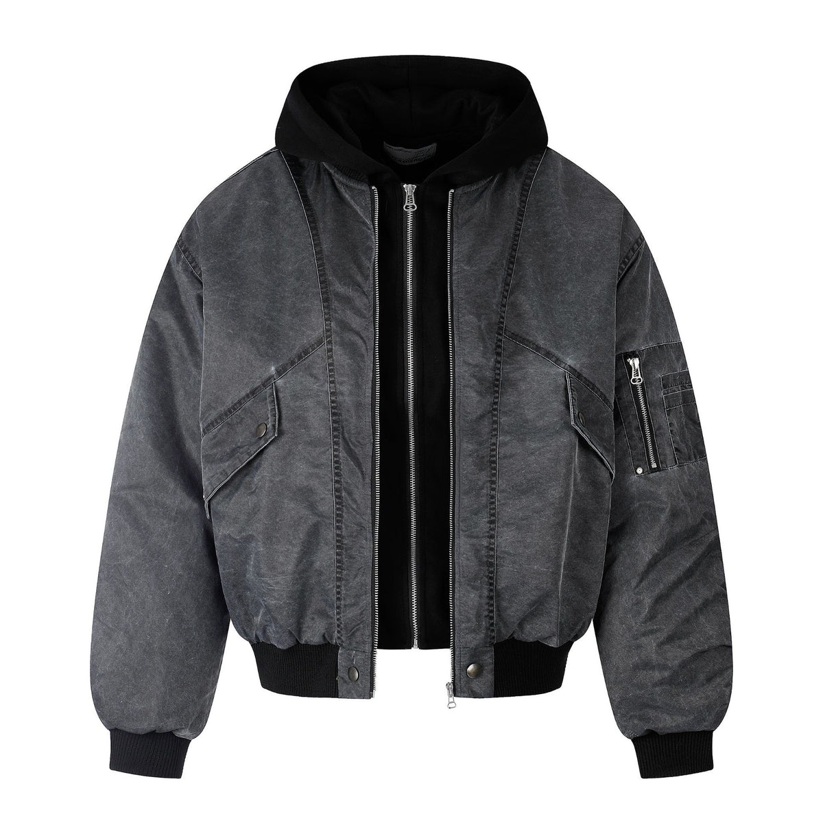 Washed Cargo Hooded Zip Flight Jacket Loose Fit Cotton Padded Multi Pocket Techwear Coat