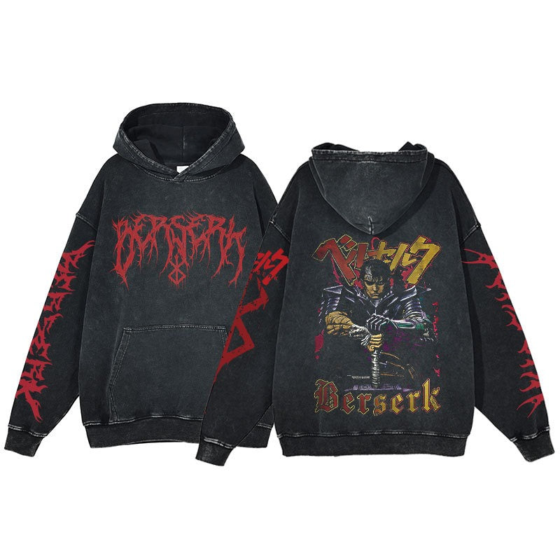American retro washed hoodie for men and women, hip-hop sword style legendary dark print hoodie, vintage hoodie