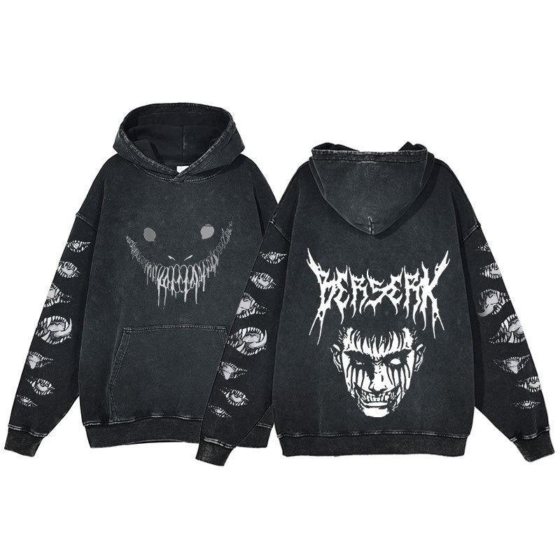 American retro washed hoodie for men and women, hip-hop sword style legendary dark print hoodie, vintage hoodie