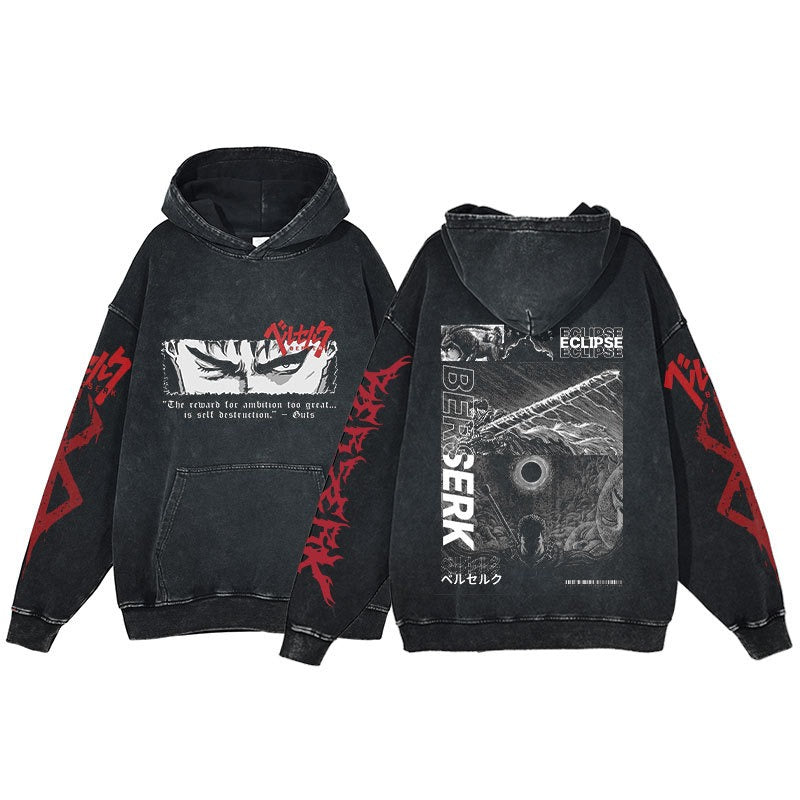 American retro washed hoodie for men and women, hip-hop sword style legendary dark print hoodie, vintage hoodie