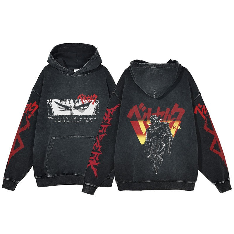American retro washed hoodie for men and women, hip-hop sword style legendary dark print hoodie, vintage hoodie