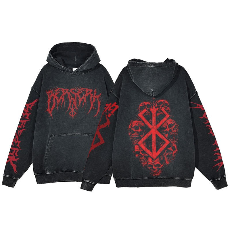 American retro washed hoodie for men and women, hip-hop sword style legendary dark print hoodie, vintage hoodie