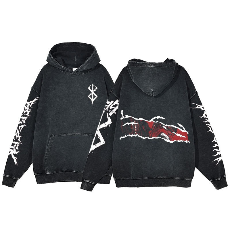 American retro washed hoodie for men and women, hip-hop sword style legendary dark print hoodie, vintage hoodie