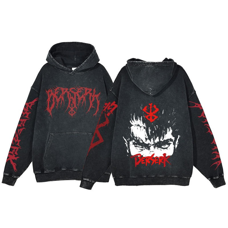 American retro washed hoodie for men and women, hip-hop sword style legendary dark print hoodie, vintage hoodie
