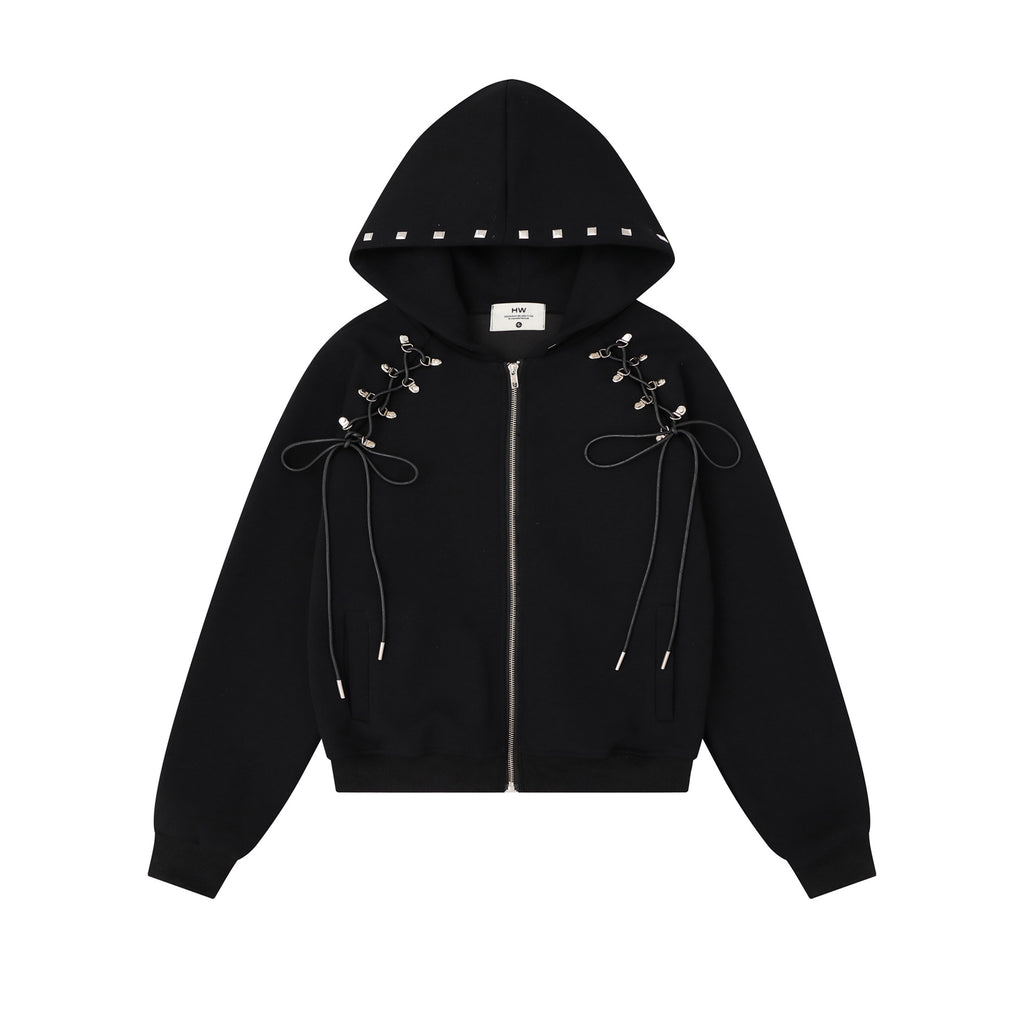 Sweet Cool Rivet Zipper Hooded Cropped Loose Cardigan Sweatshirt