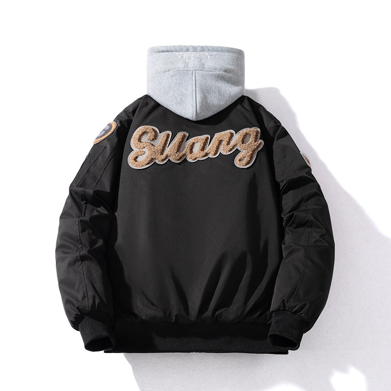 Street Trend Baseball Jacket Women Towel Fleece Embroidery Padded Hooded Thick Flight Jacket Men