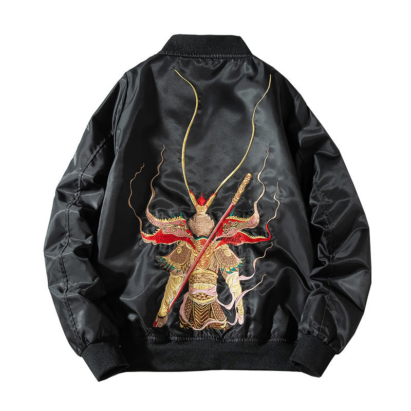 Style Sun Wukong Embroidered Flight Jacket for Men and Women, Autumn and Winter Trendy Padded Thickened Loose Baseball Jacket Outerwear