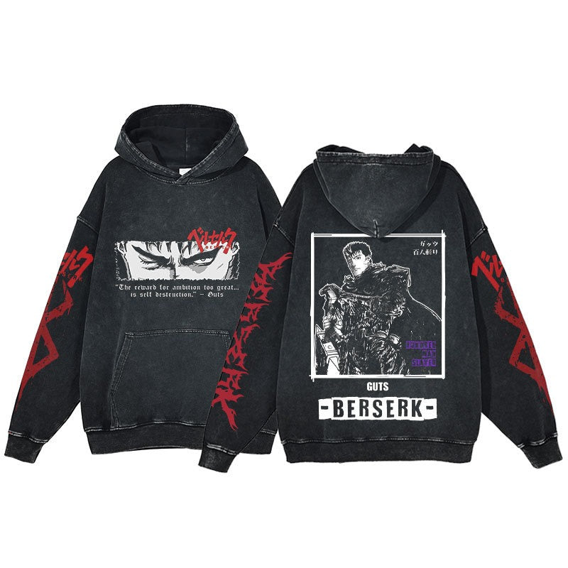 American retro washed hoodie for men and women, hip-hop sword style legendary dark print hoodie, vintage hoodie