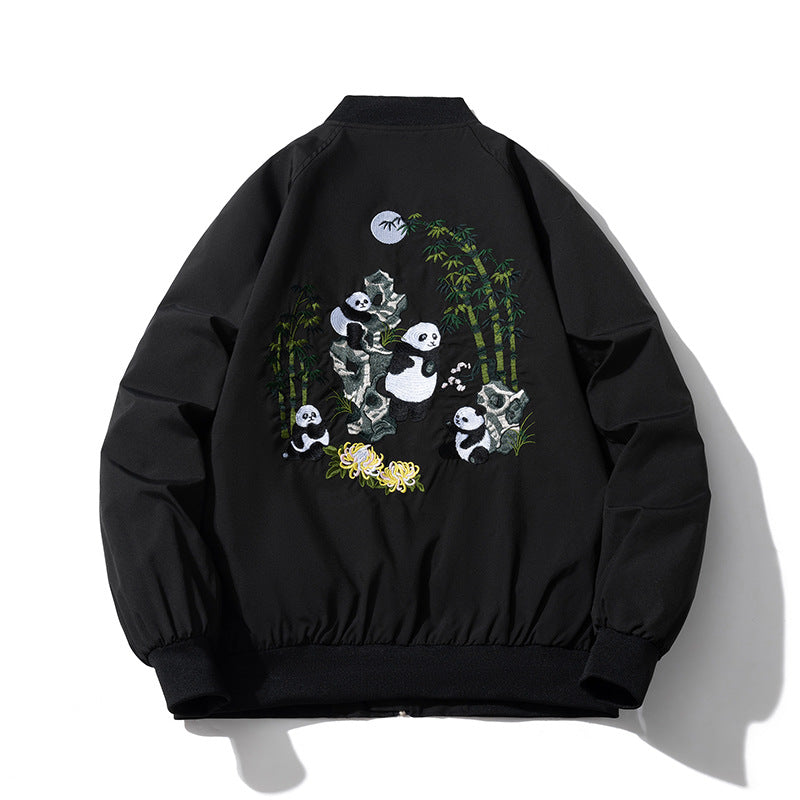 Style Panda Embroidery Baseball Jacket Men Pilot Jacket Versatile Couple Outerwear Women Black