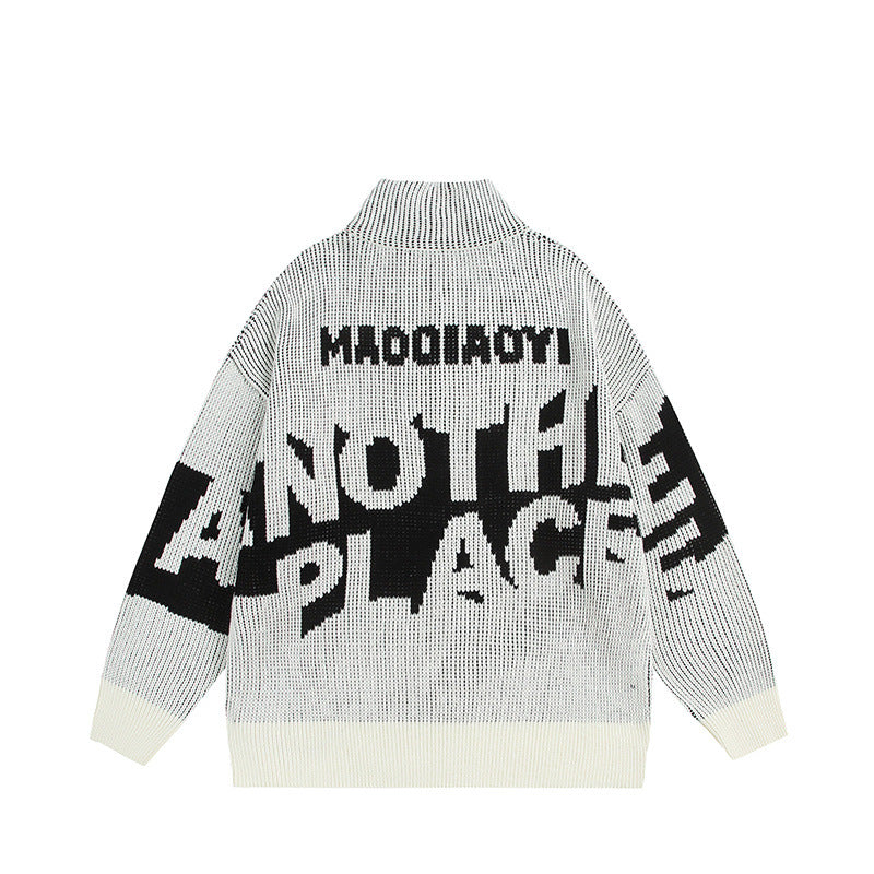Half zip stand up collar sweater with letters loose knit sweater