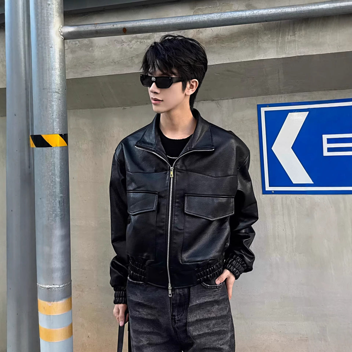 Black short leather jacket for men