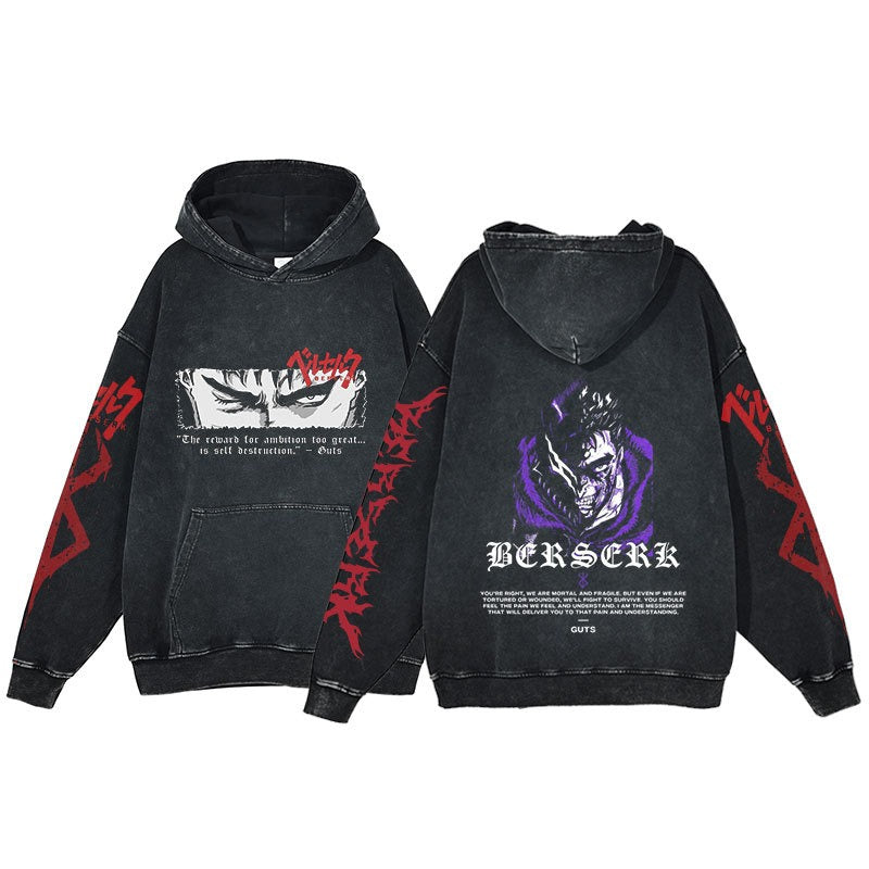 American retro washed hoodie for men and women, hip-hop sword style legendary dark print hoodie, vintage hoodie