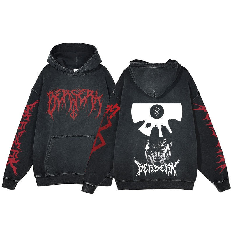 American retro washed hoodie for men and women, hip-hop sword style legendary dark print hoodie, vintage hoodie