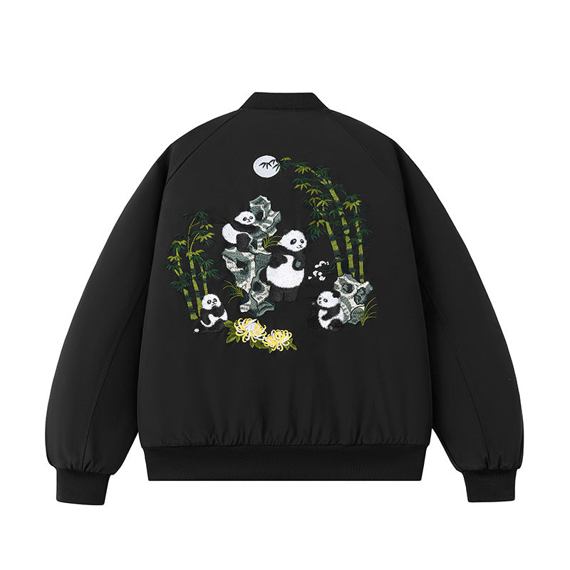 Style Panda Embroidery Baseball Jacket Men Pilot Jacket Versatile Couple Outerwear Women Black