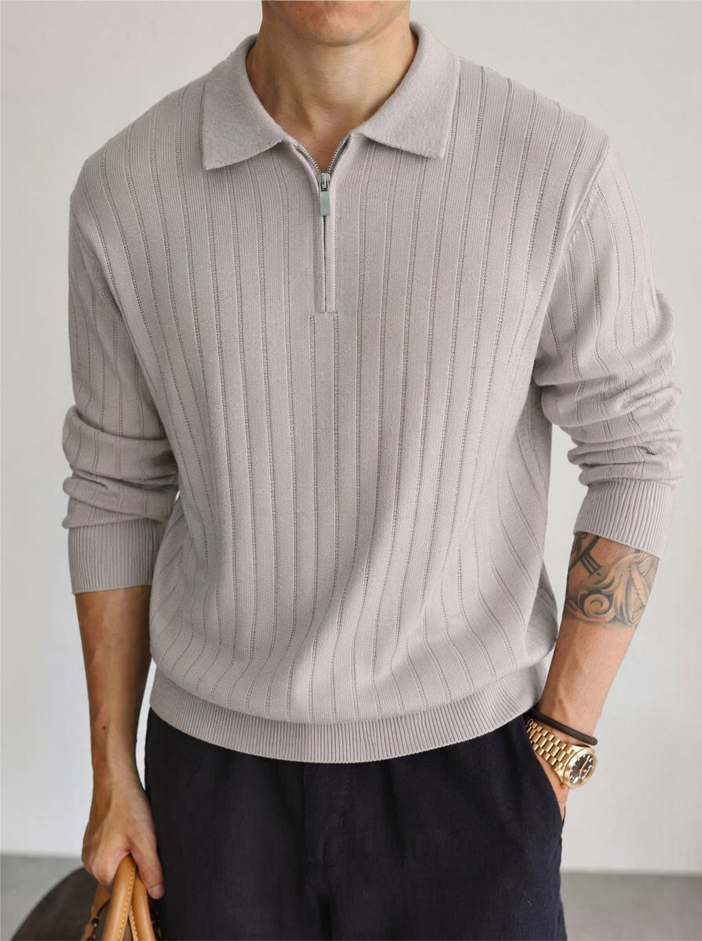 Half zip lapel long sleeved sweater for men