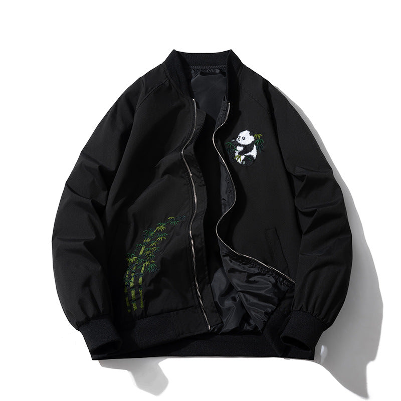 Style Panda Embroidery Baseball Jacket Men Pilot Jacket Versatile Couple Outerwear Women Black