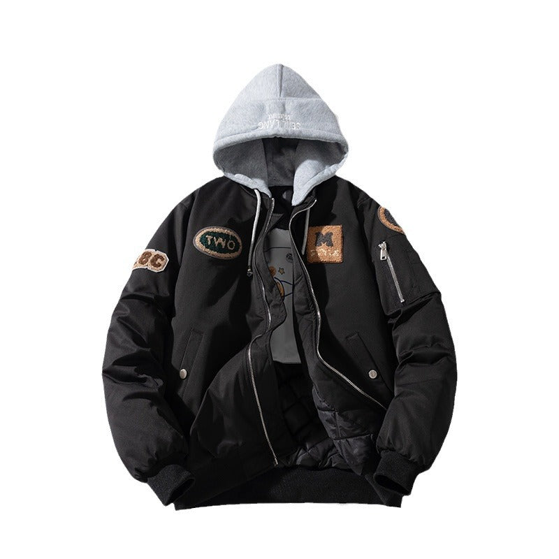 Street Trend Baseball Jacket Women Towel Fleece Embroidery Padded Hooded Thick Flight Jacket Men