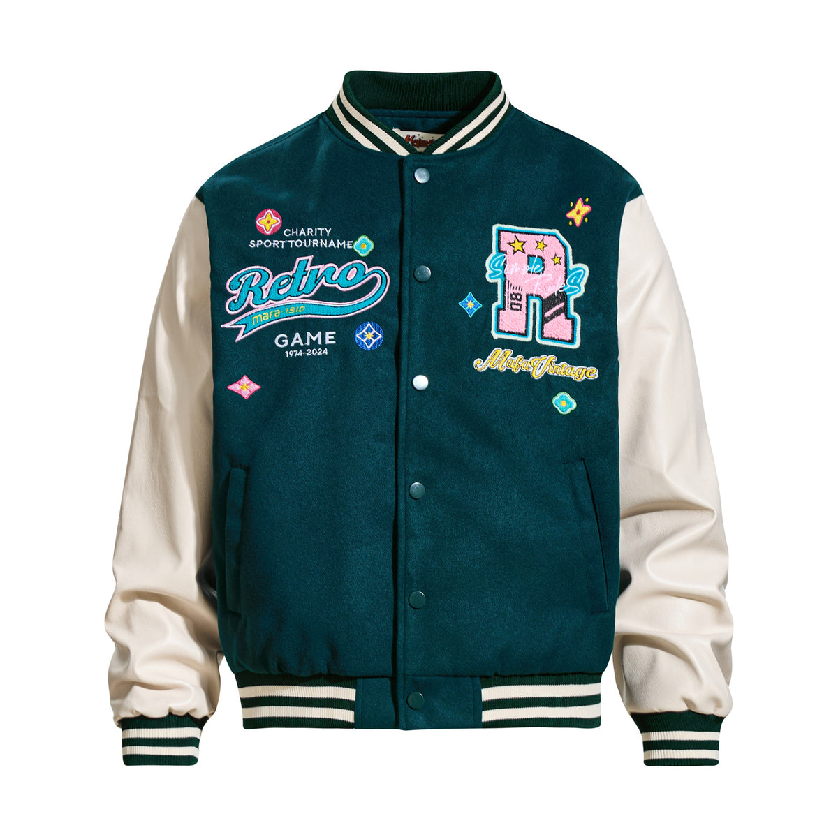 Streetwear Heavy Embroidered Lettering Color-Blocked Jacket for Men and Women, Casual Loose Baseball Coat