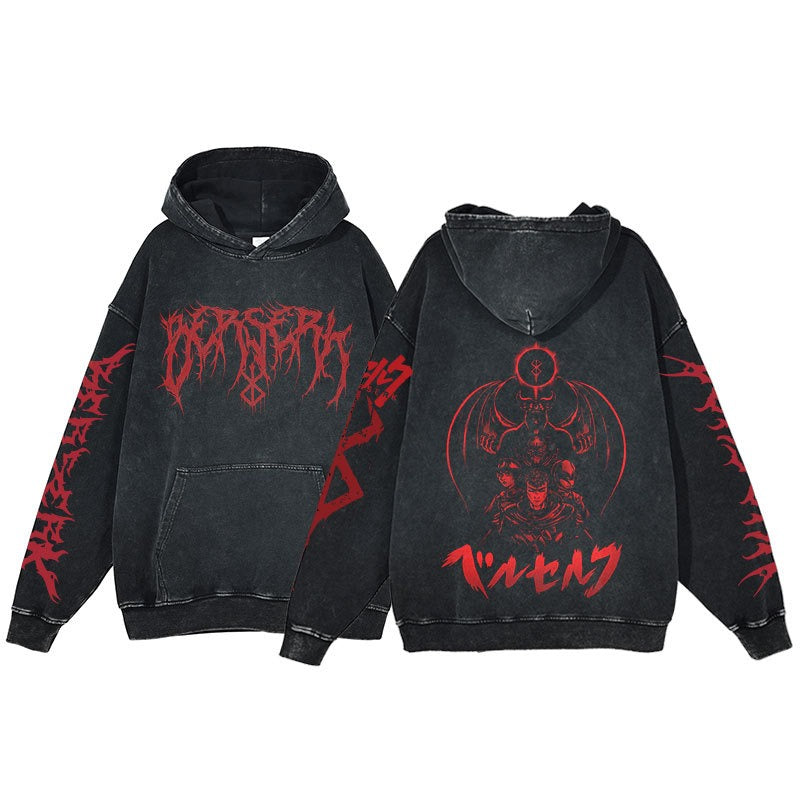 American retro washed hoodie for men and women, hip-hop sword style legendary dark print hoodie, vintage hoodie
