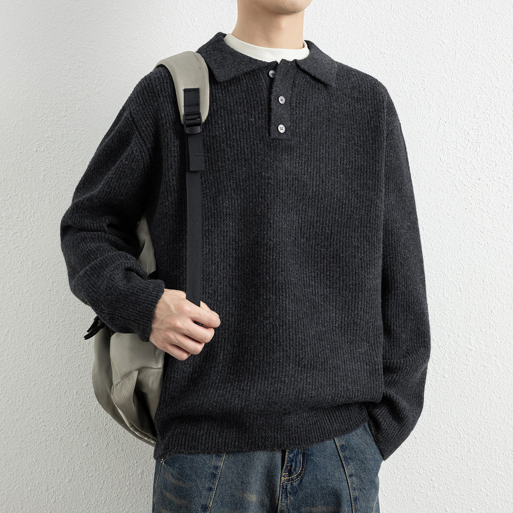 Casual Solid Color Long Sleeve Polo Collar Men's Sweater