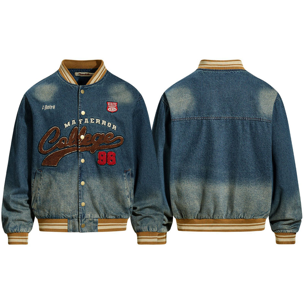 Vintage Washed Letter Embroidery Baseball Jacket for Men and Women, Loose Casual Trendy Couple Denim Jacket