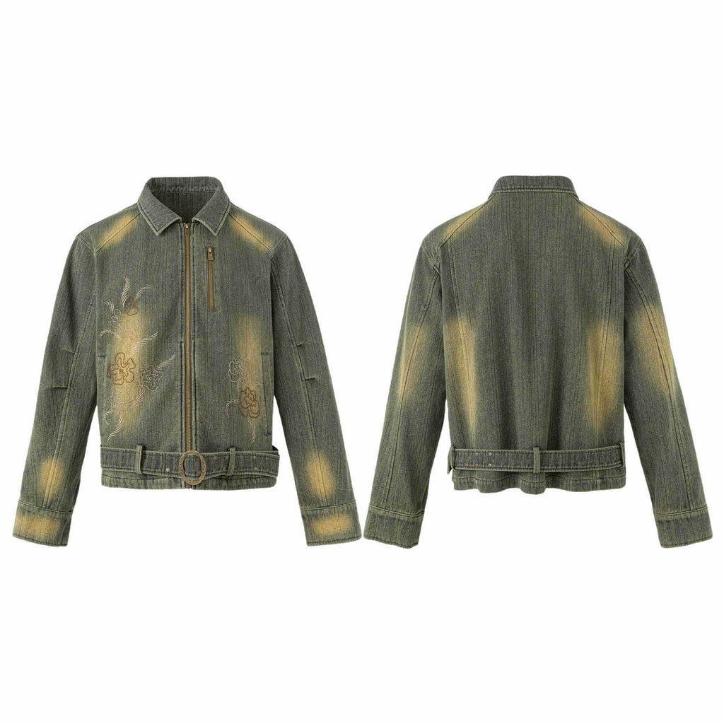 Distressed Embroidered Belted Short Denim Jacket for Men