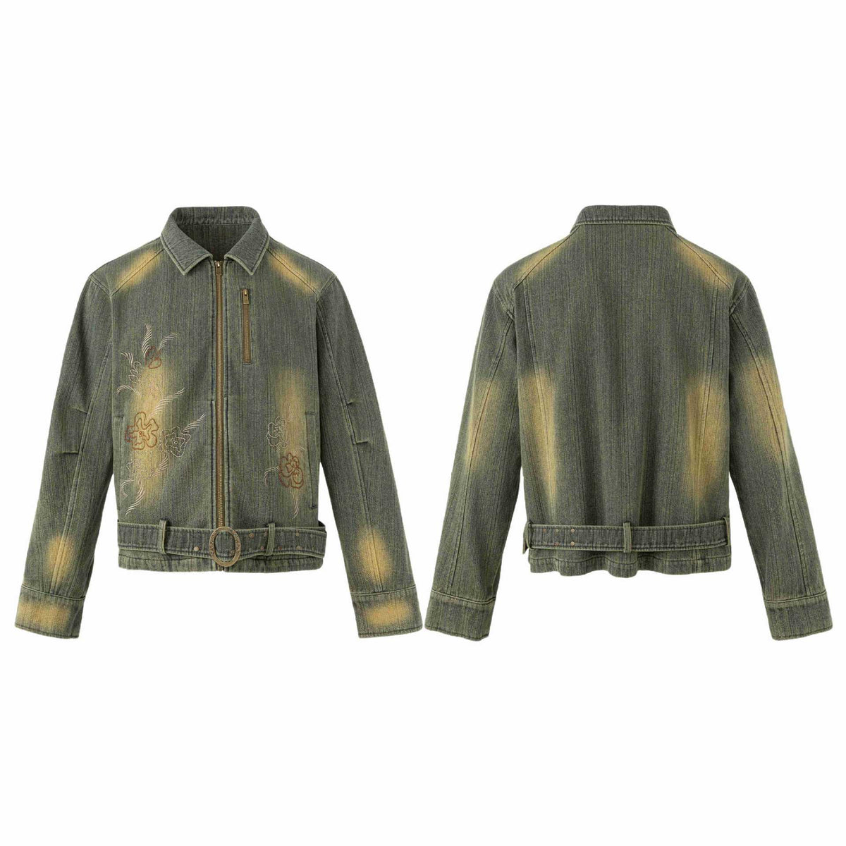 Distressed Embroidered Belted Short Denim Jacket for Men