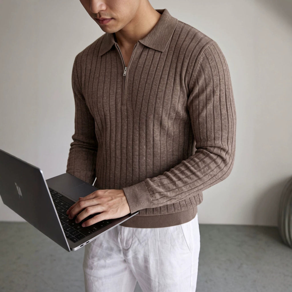 Half zip lapel long sleeved sweater for men