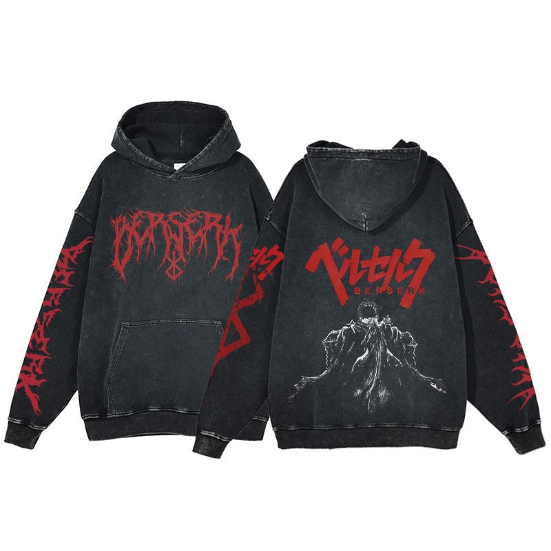 American retro washed hoodie for men and women, hip-hop sword style legendary dark print hoodie, vintage hoodie